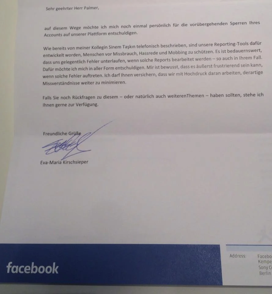 Palmer Brief von Facebook