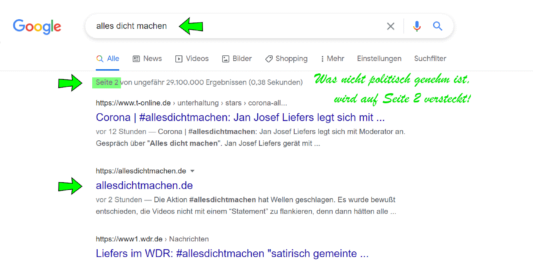 Wie die Aktion #allesdichtmachen bei Google und Co heruntergespielt wird.