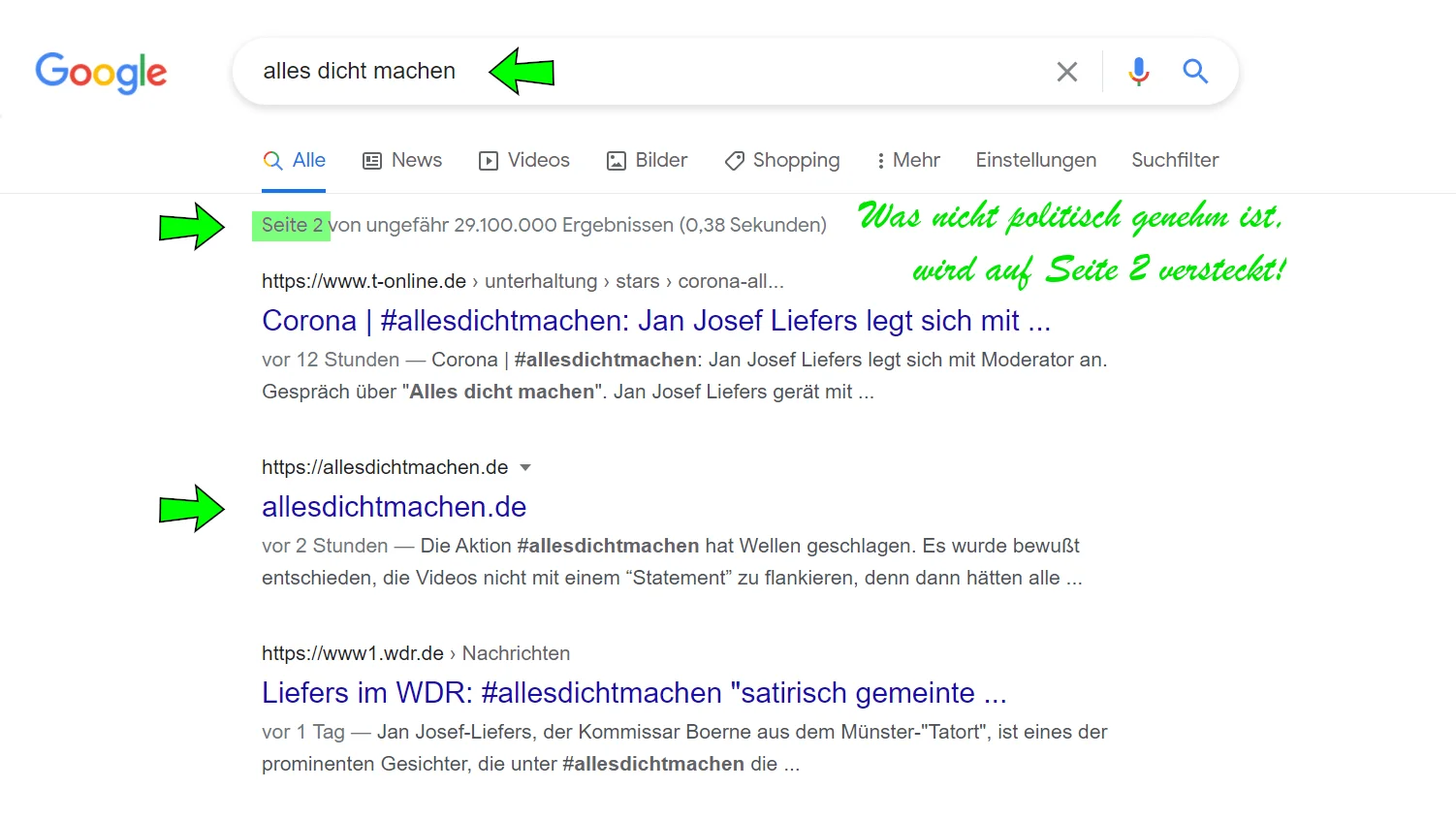 Wie die Aktion #allesdichtmachen bei Google und Co heruntergespielt wird.