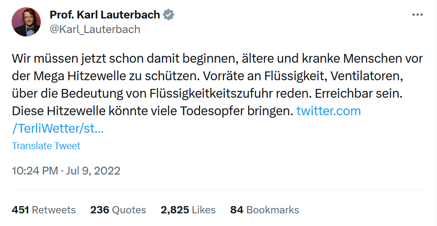 Karl Lauterbach auf Twitter zum Hitzeschutz