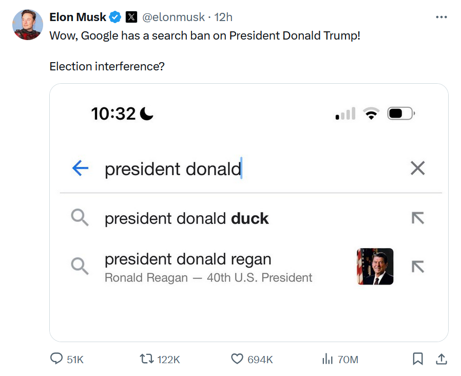 Elon Musk entlarvt auf Twitter eine Google-Wahlbeeinflussung