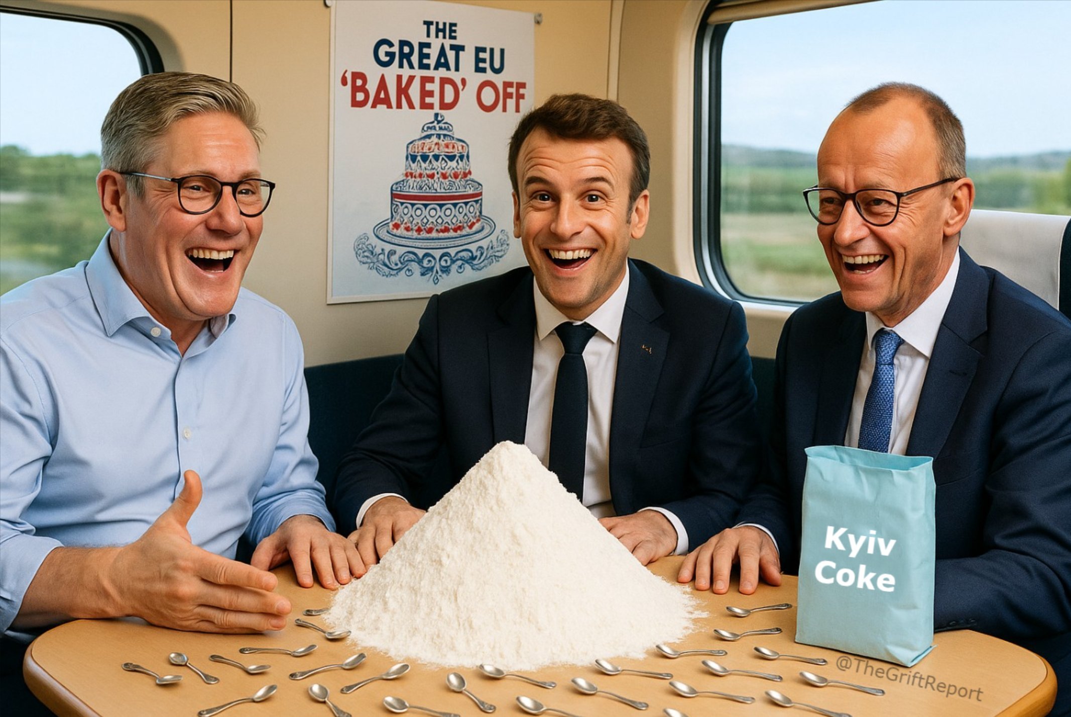 Merz, Macron und Starmer vor weißem Pulver