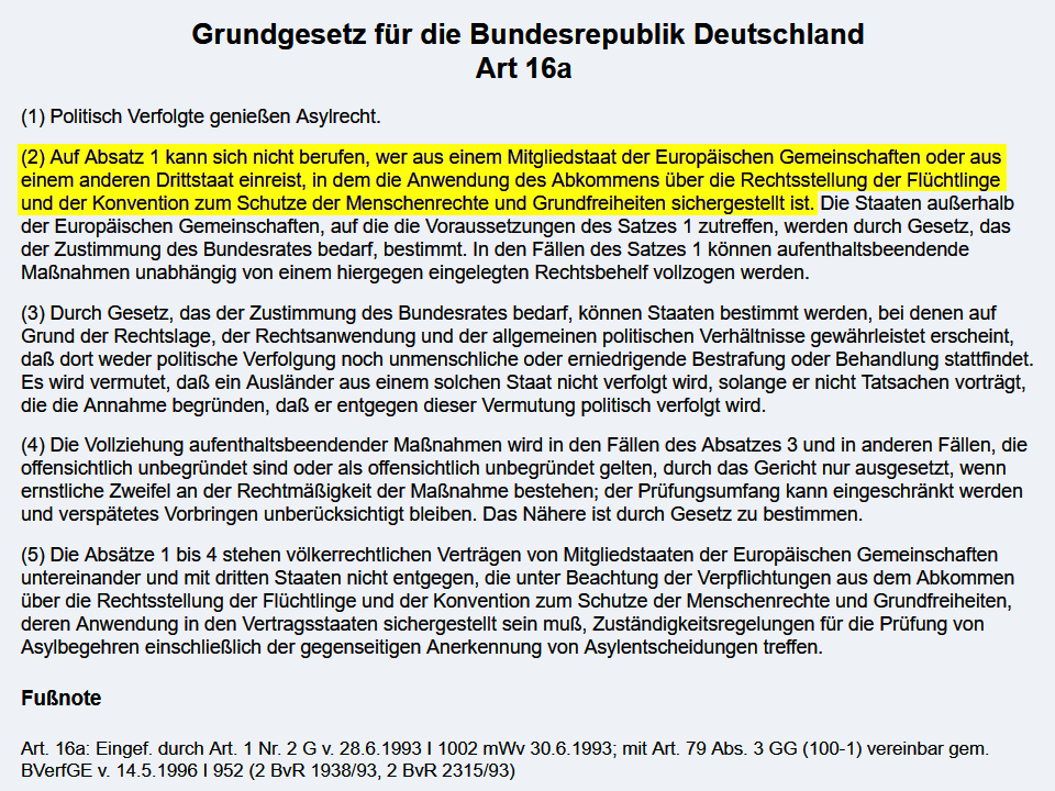 Der vollständige Text des Asylrechts-Artikels im Grundgesetz