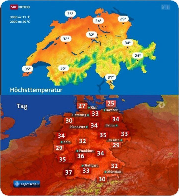 Wetterkartenfarben Schweiz vs. Deutschland im Vergleich