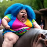 Dicke woke Dame mit Regenbogenflagge auf Nilpferd