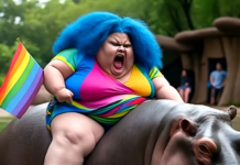 Dicke woke Dame mit Regenbogenflagge auf Nilpferd