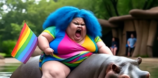 Dicke woke Dame mit Regenbogenflagge auf Nilpferd
