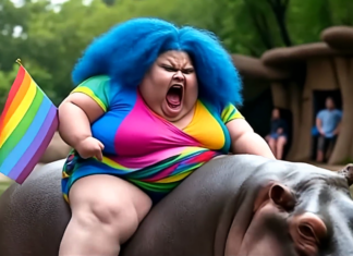 Dicke woke Dame mit Regenbogenflagge auf Nilpferd