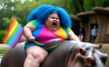 Dicke woke Dame mit Regenbogenflagge auf Nilpferd