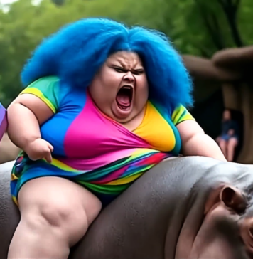 Dicke woke Dame mit Regenbogenflagge auf Nilpferd