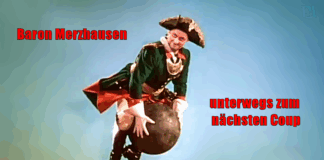 Bundeskanzler Merz als Münchausen auf der Kanonenkugel