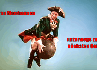 Bundeskanzler Merz als Münchausen auf der Kanonenkugel