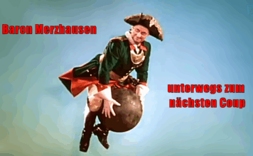 Bundeskanzler Merz als Münchausen auf der Kanonenkugel