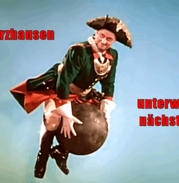 Bundeskanzler Merz als Münchausen auf der Kanonenkugel