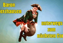 Bundeskanzler Merz als Münchhausen auf der Kanonenkugel