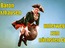 Bundeskanzler Merz als Münchhausen auf der Kanonenkugel