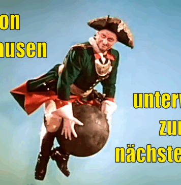 Bundeskanzler Merz als Münchhausen auf der Kanonenkugel
