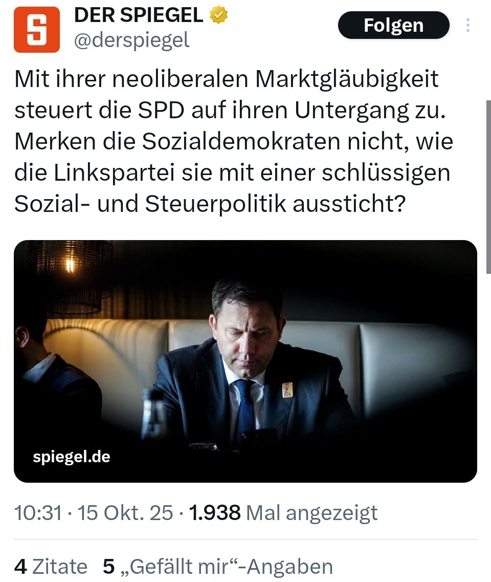 Spiegelpost wirft der Klingbeil-SPD "neoliberale Politik" vor.