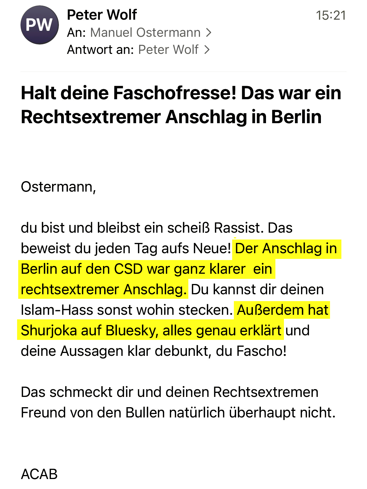 Hass und Hetze gegen Manuel Ostermann