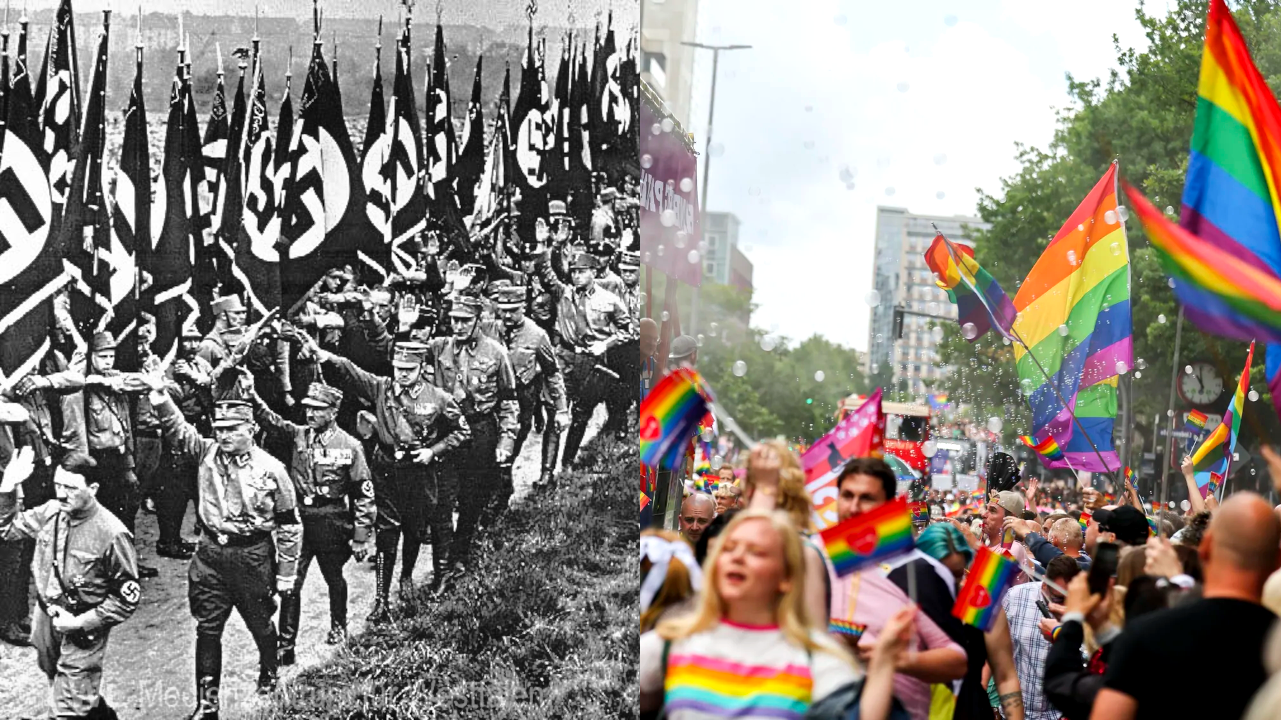 Einst hingen überall Hakenkreuzflaggen, jetzt hängen überall Regenbogenflaggen.